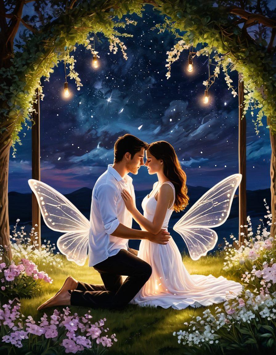 A warm, intimate scene of a couple sharing a tender moment under a starlit sky, surrounded by delicate flowers and glowing fairy lights, symbolizing deep love and connection. Include soft, romantic colors and an inviting atmosphere that evokes feelings of passion and togetherness. painting. vibrant colors.