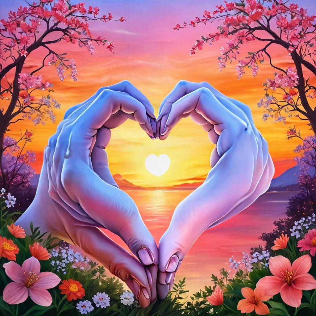 A whimsical depiction of two intertwined hearts, surrounded by blooming flowers symbolizing growth and connection. Soft, warm colors radiate love, while gentle hands reach towards each other, representing emotional bonding. A serene sunset in the background adds to the romantic atmosphere. super-realistic. vibrant colors. dreamy ambiance.