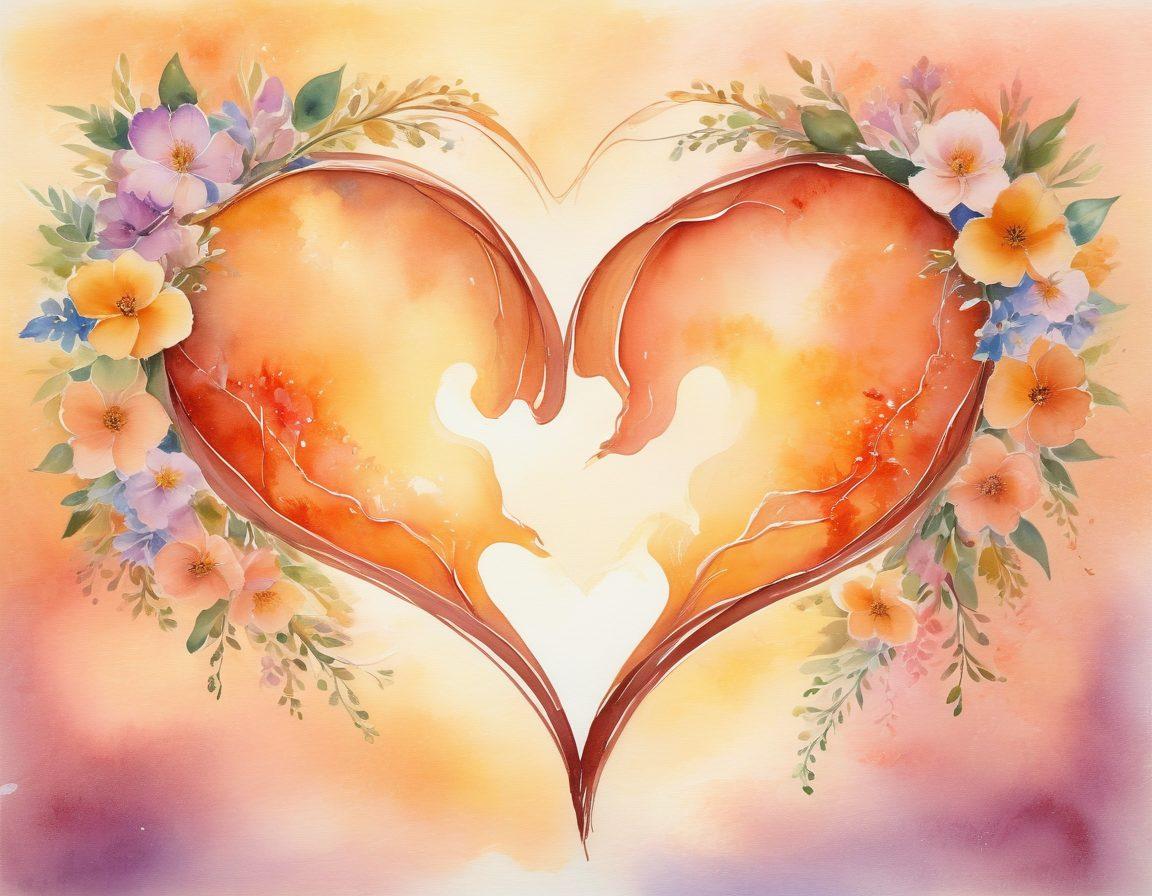 A tableau of two intertwined hearts radiating warmth, surrounded by blooming flowers symbolizing growth and connection. Set against a soft sunset backdrop, capturing the essence of everlasting love with delicate, ethereal lighting. Add elements of nature, like gentle breezes and fluttering petals, to enhance the feeling of romance. watercolor painting. warm colors. dreamy atmosphere.